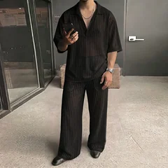 INCERUN Men's Sets Striped Mesh See Through Lapel Short Sleeve Shirt Pants Two Piece Sets Streetwear Fashion Men Matching Sets