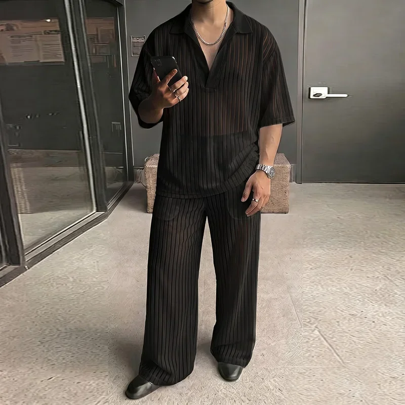INCERUN Men's Sets Striped Mesh See Through Lapel Short Sleeve Shirt Pants Two Piece Sets Streetwear Fashion Men Matching Sets