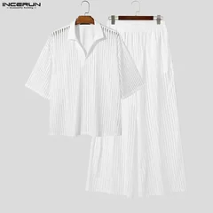 INCERUN Men's Sets Striped Mesh See Through Lapel Short Sleeve Shirt Pants Two Piece Sets Streetwear Fashion Men Matching Sets