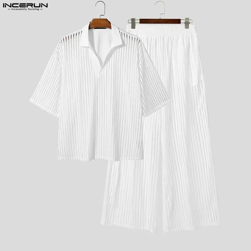 INCERUN Men's Sets Striped Mesh See Through Lapel Short Sleeve Shirt Pants Two Piece Sets Streetwear Fashion Men Matching Sets