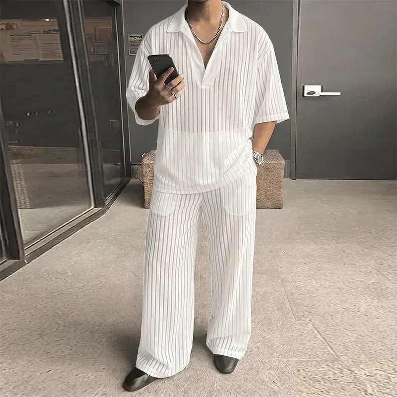 INCERUN Men's Sets Striped Mesh See Through Lapel Short Sleeve Shirt Pants Two Piece Sets Streetwear Fashion Men Matching Sets
