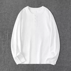 American Heavyweight Cotton Henry Collar Long Sleeve T Shirt Men Plus Size Solid Color Autumn Basic Undershirt