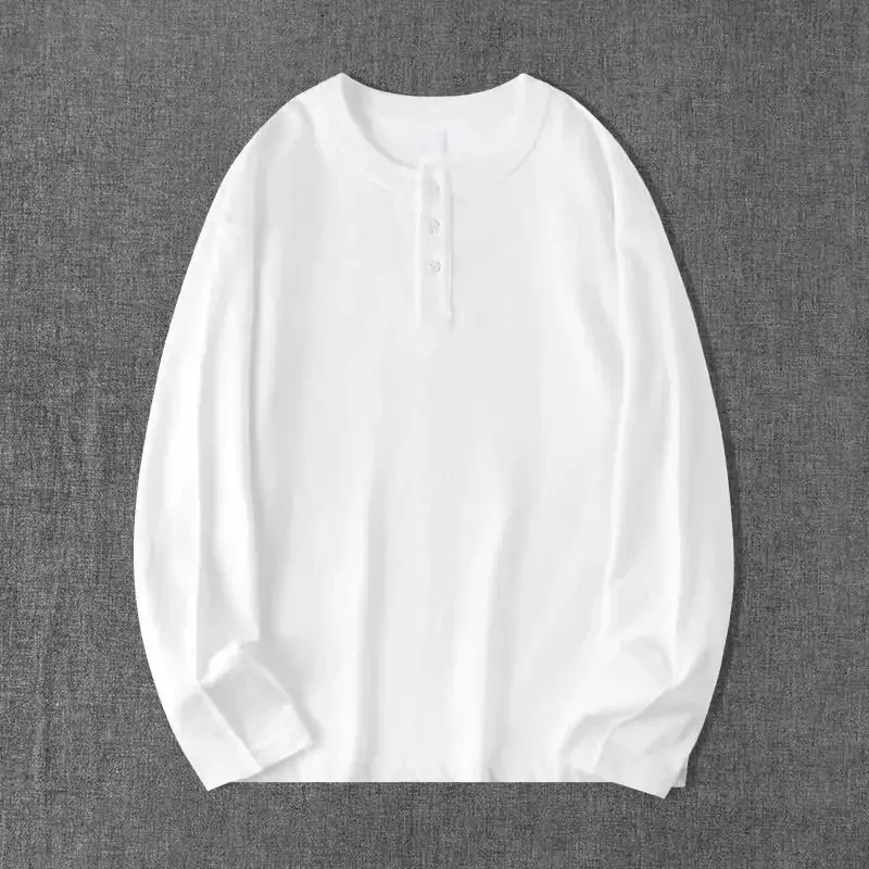 American Heavyweight Cotton Henry Collar Long Sleeve T Shirt Men Plus Size Solid Color Autumn Basic Undershirt