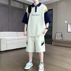 Men's Summer Casual Sports Set Short Sleeve T-Shirt Shorts Breathable Two Piece Outfit for Teen Students