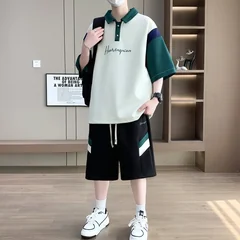Men's Summer Casual Sports Set Short Sleeve T-Shirt Shorts Breathable Two Piece Outfit for Teen Students