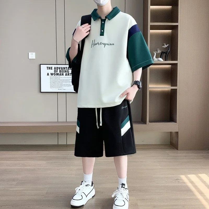 Men's Summer Casual Sports Set Short Sleeve T-Shirt Shorts Breathable Two Piece Outfit for Teen Students