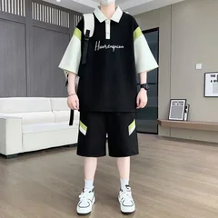 Men's Summer Casual Sports Set Short Sleeve T-Shirt Shorts Breathable Two Piece Outfit for Teen Students