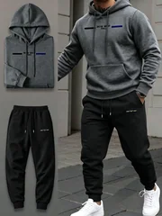 2026 new Men's 2 Piece Tracksuit Autumn Winter Striped Print Hoodie Sweatshirt Drawstring Sweatpants Outdoor Running Sports Suit