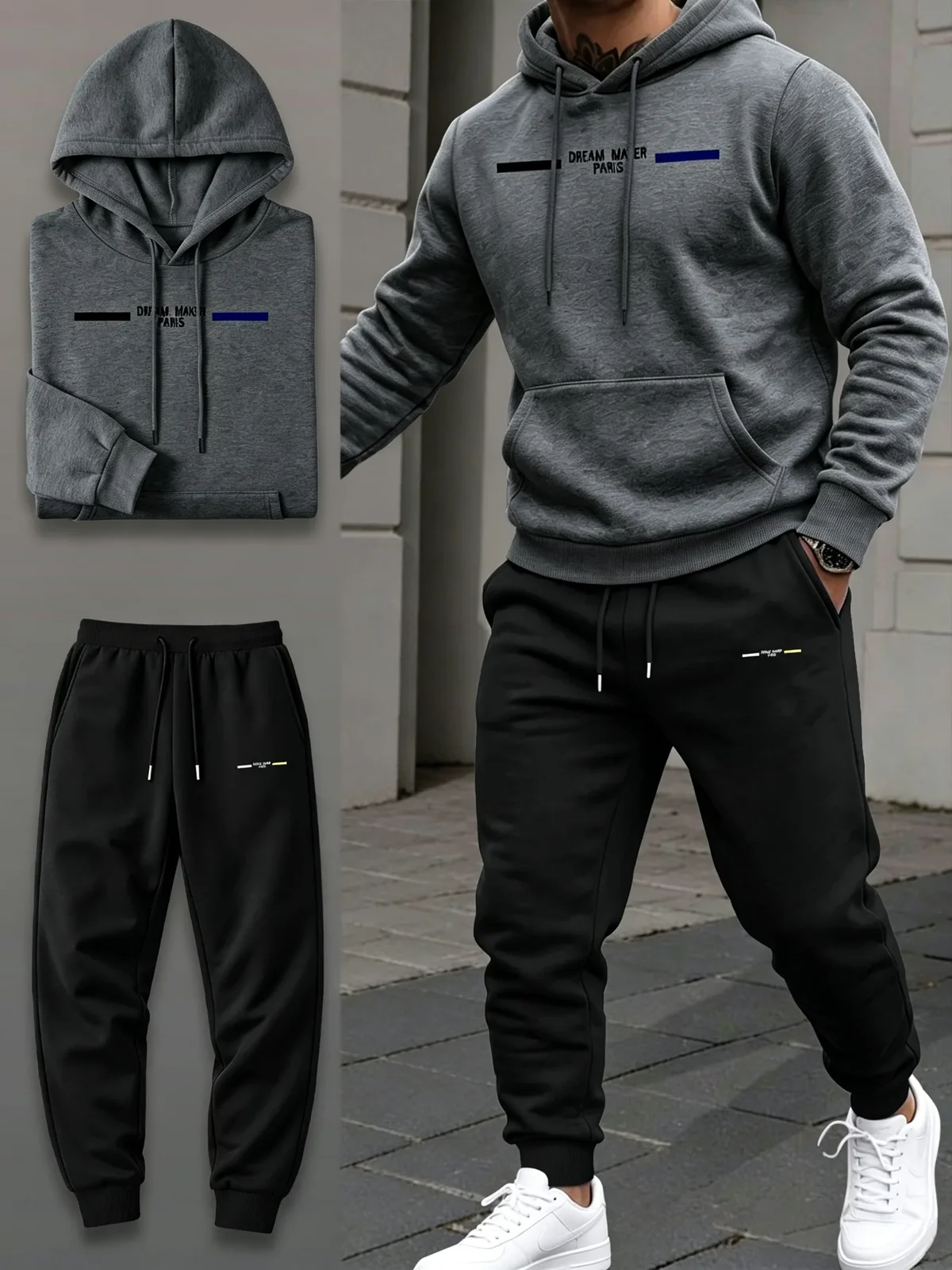 2026 new Men's 2 Piece Tracksuit Autumn Winter Striped Print Hoodie Sweatshirt Drawstring Sweatpants Outdoor Running Sports Suit