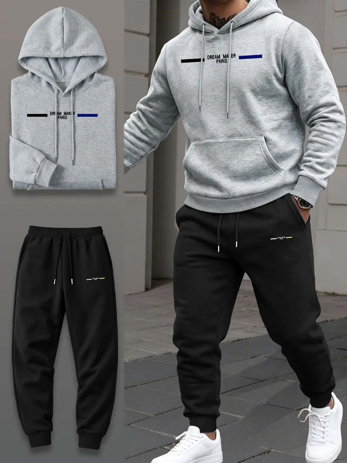2026 new Men's 2 Piece Tracksuit Autumn Winter Striped Print Hoodie Sweatshirt Drawstring Sweatpants Outdoor Running Sports Suit