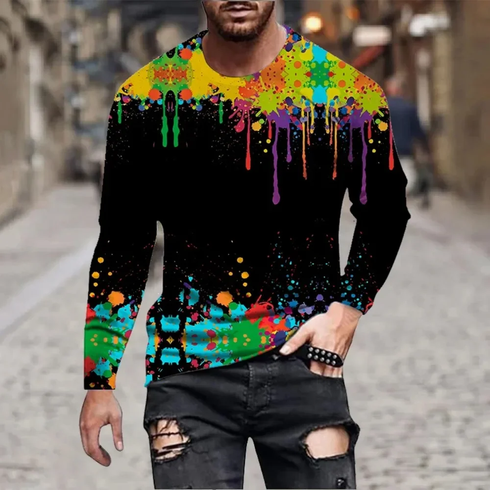 Men Rainbow Paint Splash 3D Printed Long‑Sleeve T‑Shirt Colorful Ink Graffiti Tee Novelty Abstract Art Casual Long Sleeve Shirts