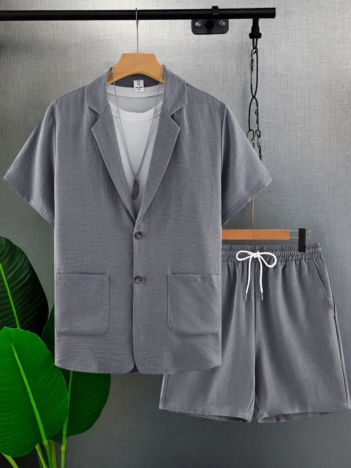 Men's Gray Textured Short-Sleeved Blazer and Shorts Two-Piece Set, Summer Casual Suit, Men's Light Business Daily Outfit Set