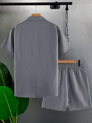 Men's Gray Textured Short-Sleeved Blazer and Shorts Two-Piece Set, Summer Casual Suit, Men's Light Business Daily Outfit Set