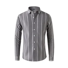 Men's Striped Dress Shirt Long Sleeve Slim Fit Formal Business Wrinkle Resistant Office Blouse Top Fashion Casual Male Clothing