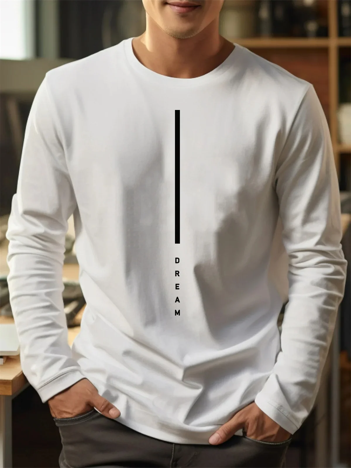 100% pure cotton men's long sleeved round neck loose casual DREAM letter printed spring and autumn versatile T-shirt top