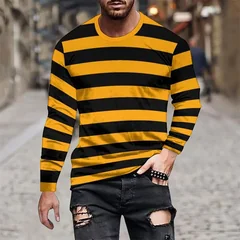 3D Printed Striped Splicing T Shirt For Men Colorful Pattern Tees Autumn Casual Round Neck Tops Loose Long Sleeve T-Shirts