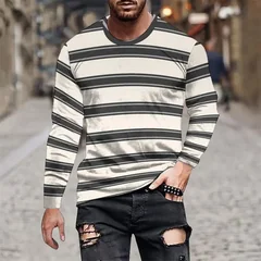3D Printed Striped Splicing T Shirt For Men Colorful Pattern Tees Autumn Casual Round Neck Tops Loose Long Sleeve T-Shirts