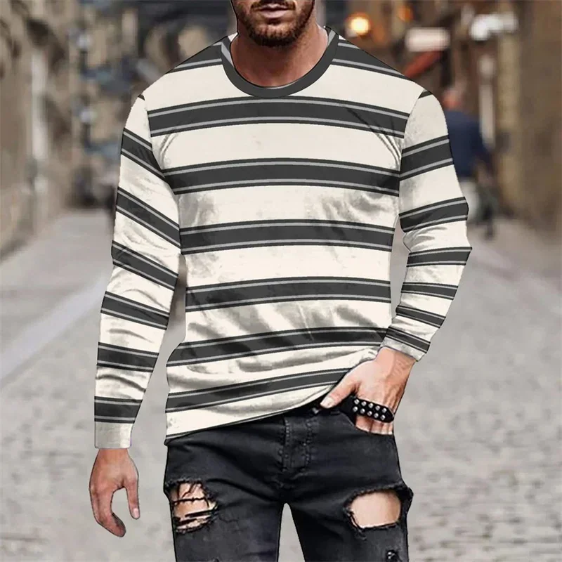 3D Printed Striped Splicing T Shirt For Men Colorful Pattern Tees Autumn Casual Round Neck Tops Loose Long Sleeve T-Shirts