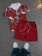 Beach Vacation Daily Men's Shorts Set, Floral Print Cuban Collar Two-Piece Set, Short-Sleeved Shirt and Drawstring Shorts, Burgundy Casual Loose Summer Hawaiian Style Outfit