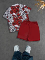 Beach Vacation Daily Men's Shorts Set, Floral Print Cuban Collar Two-Piece Set, Short-Sleeved Shirt and Drawstring Shorts, Burgundy Casual Loose Summer Hawaiian Style Outfit