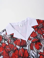 Beach Vacation Daily Men's Shorts Set, Floral Print Cuban Collar Two-Piece Set, Short-Sleeved Shirt and Drawstring Shorts, Burgundy Casual Loose Summer Hawaiian Style Outfit