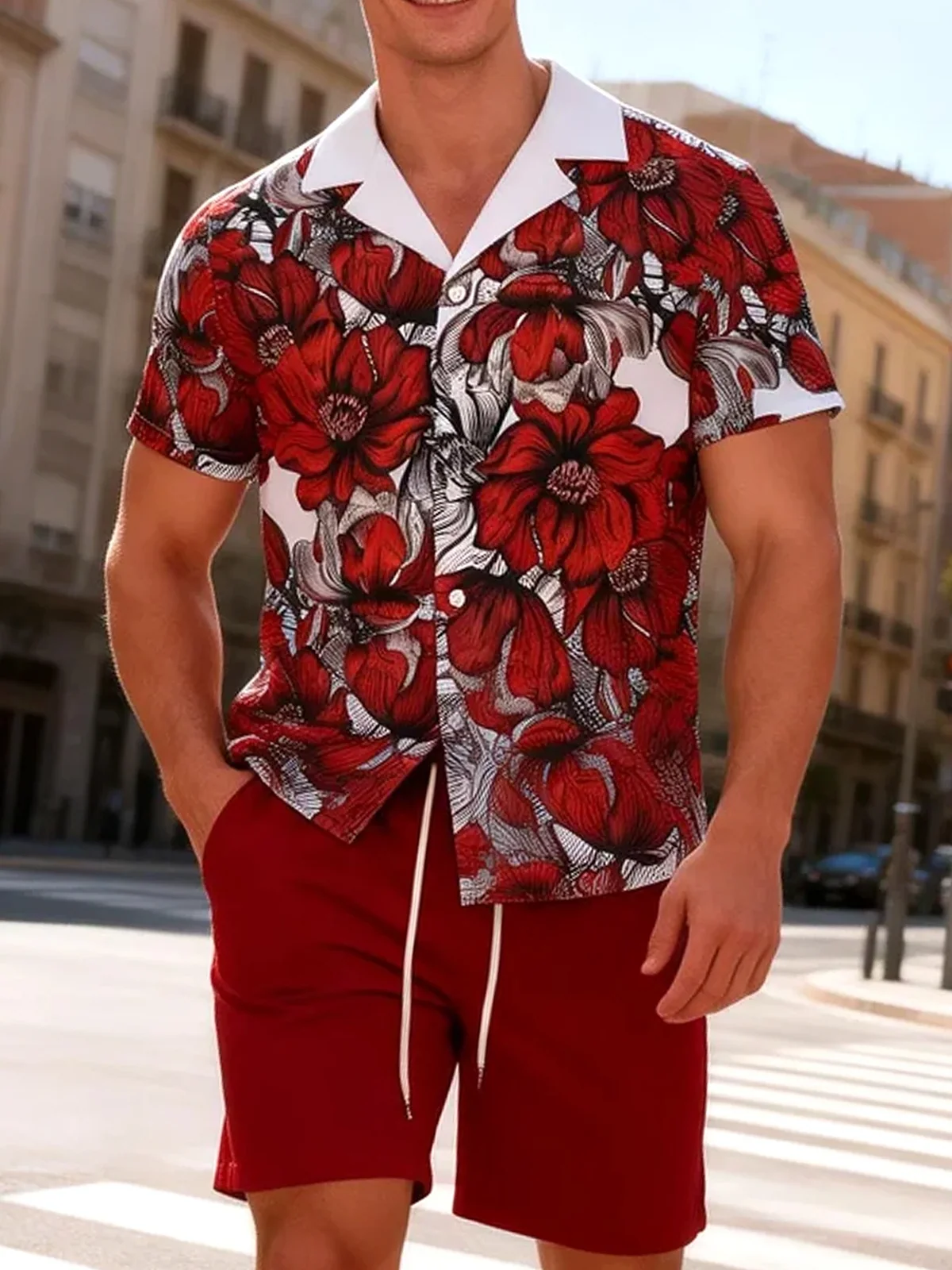 Beach Vacation Daily Men's Shorts Set, Floral Print Cuban Collar Two-Piece Set, Short-Sleeved Shirt and Drawstring Shorts, Burgundy Casual Loose Summer Hawaiian Style Outfit