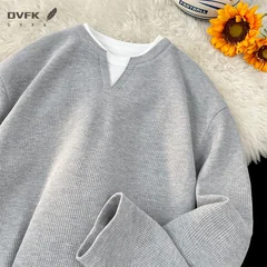 Mens Waffle Texture Long Sleeve Tee Fake Layer V Neck Design Loose Lightweight Streetwear Blouse