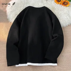 Mens Waffle Texture Long Sleeve Tee Fake Layer V Neck Design Loose Lightweight Streetwear Blouse