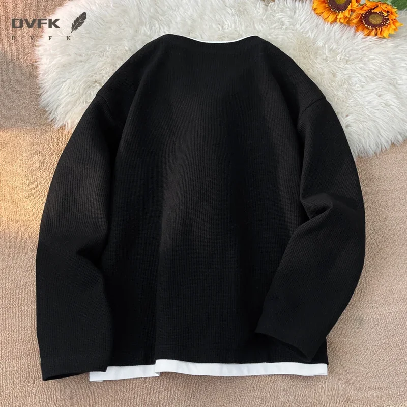 Mens Waffle Texture Long Sleeve Tee Fake Layer V Neck Design Loose Lightweight Streetwear Blouse
