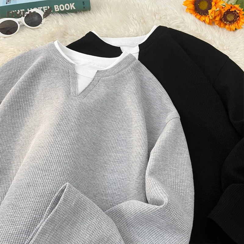 Mens Waffle Texture Long Sleeve Tee Fake Layer V Neck Design Loose Lightweight Streetwear Blouse