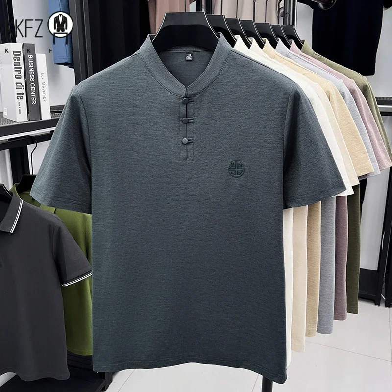 Mens Casual Short Sleeve Henley Shirt Mandarin Collar Frog Button Chinese Style Embroidered Summer Top