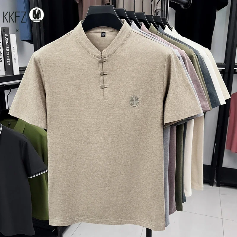 Mens Casual Short Sleeve Henley Shirt Mandarin Collar Frog Button Chinese Style Embroidered Summer Top