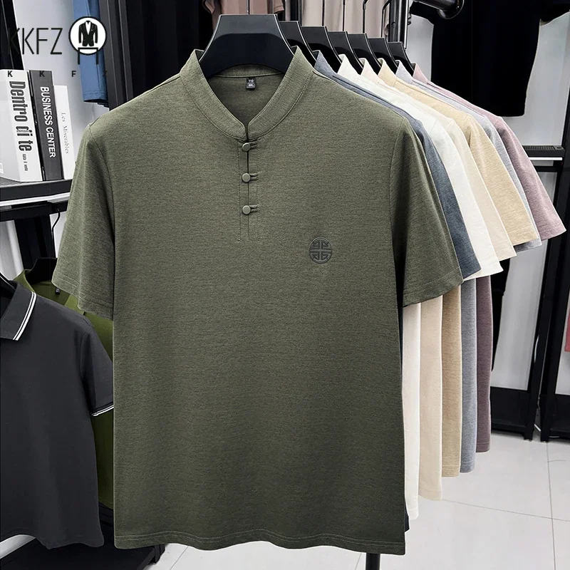 Mens Casual Short Sleeve Henley Shirt Mandarin Collar Frog Button Chinese Style Embroidered Summer Top