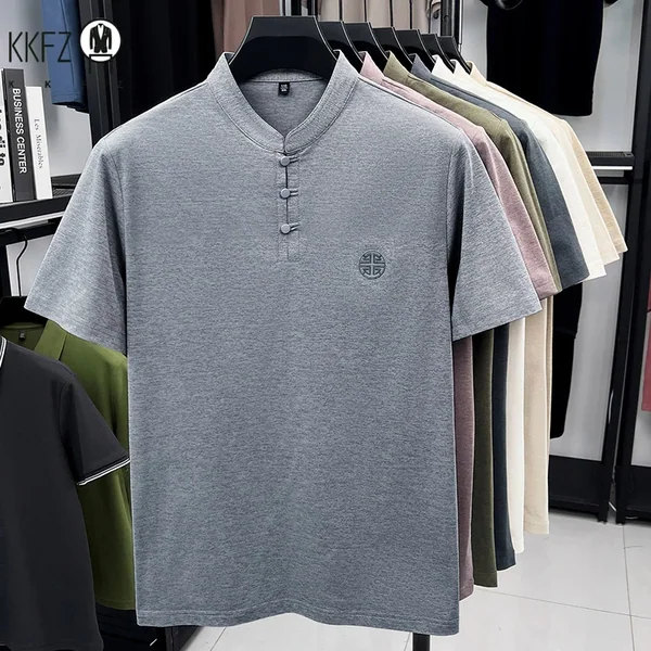 Mens Casual Short Sleeve Henley Shirt Mandarin Collar Frog Button Chinese Style Embroidered Summer Top