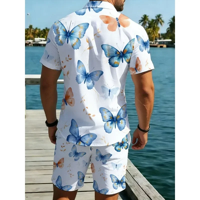 Men's Butterfly Printed Shirt & Shorts Set Lightweight Polyester Breathable Durable Beach Vacation Casual Outfit