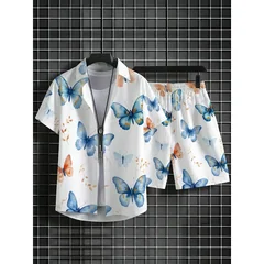 Men's Butterfly Printed Shirt & Shorts Set Lightweight Polyester Breathable Durable Beach Vacation Casual Outfit