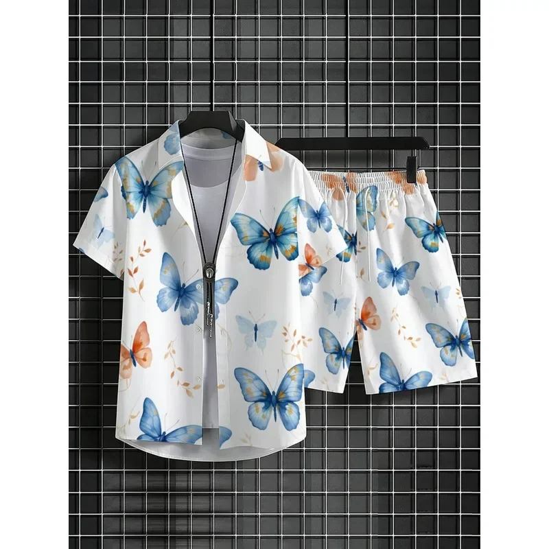 Men's Butterfly Printed Shirt & Shorts Set Lightweight Polyester Breathable Durable Beach Vacation Casual Outfit