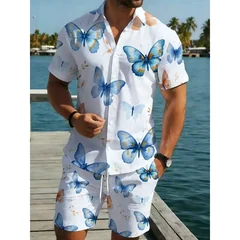 Men's Butterfly Printed Shirt & Shorts Set Lightweight Polyester Breathable Durable Beach Vacation Casual Outfit