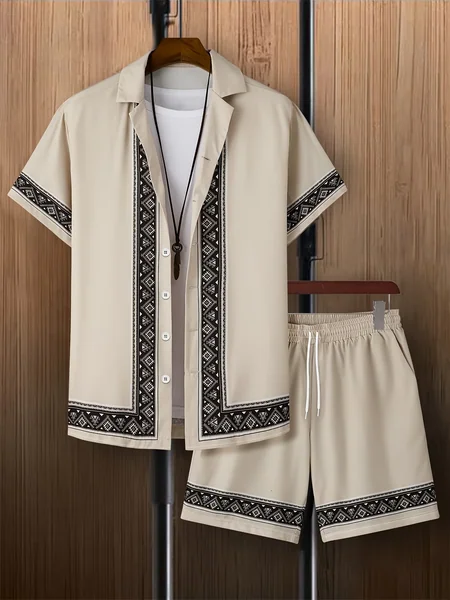 New Men's Summer Vacation Set Retro Textured Print Shirt Short-Sleeve Shirt and Shorts Two-Piece Set Men's Breathable Swimwear