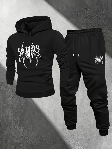 Men 2Pcs Streetwear Tracksuit, Creative Print Hoodie Jogger Pants Set, Casual Sport Outfit For Autumn Winter Daily Wear