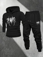 Men 2Pcs Streetwear Tracksuit, Creative Print Hoodie Jogger Pants Set, Casual Sport Outfit For Autumn Winter Daily Wear