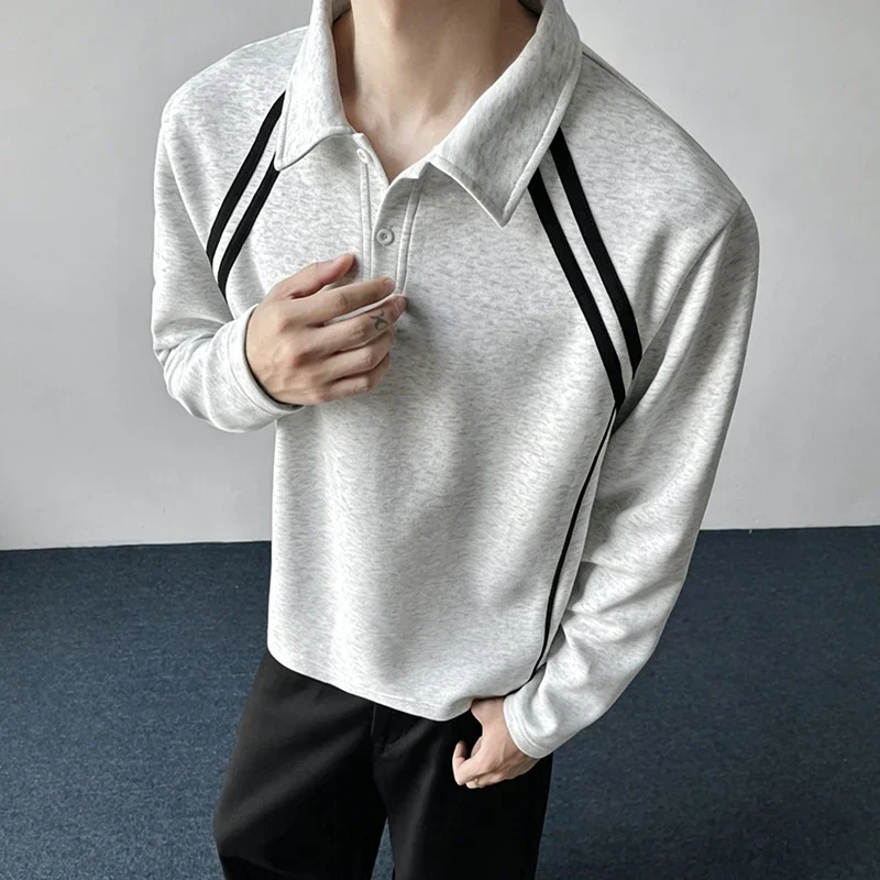 Striped Panel Splicing Long Sleeve Polo Shirt For Men Lapel Collar Loose Fit Sport Style Daily Basic Tops