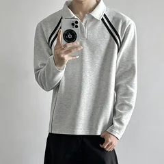 Striped Panel Splicing Long Sleeve Polo Shirt For Men Lapel Collar Loose Fit Sport Style Daily Basic Tops