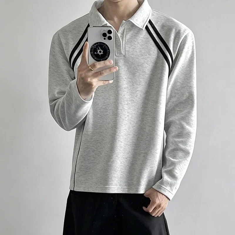 Striped Panel Splicing Long Sleeve Polo Shirt For Men Lapel Collar Loose Fit Sport Style Daily Basic Tops