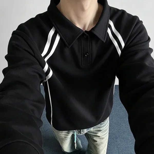 Striped Panel Splicing Long Sleeve Polo Shirt For Men Lapel Collar Loose Fit Sport Style Daily Basic Tops