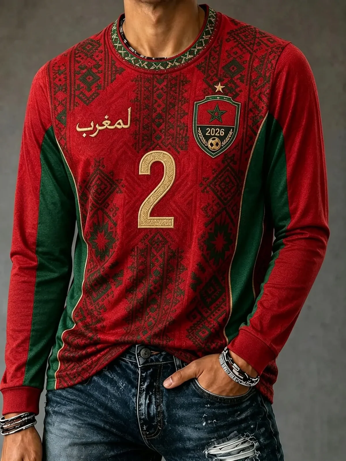 2026 Morocco round neck long sleeved T-shirt 3D printed long sleeved casual daily breathable fast drying fashion versatile