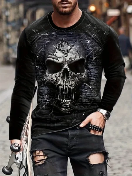 Gift New Fashion Hot Men's 3D Skull Long Sleeve T-Shirt Metal Crack Graphic Tee Gothic Dark Streetwear Casual Pullover Tops