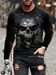 Gift New Fashion Hot Men's 3D Skull Long Sleeve T-Shirt Metal Crack Graphic Tee Gothic Dark Streetwear Casual Pullover Tops