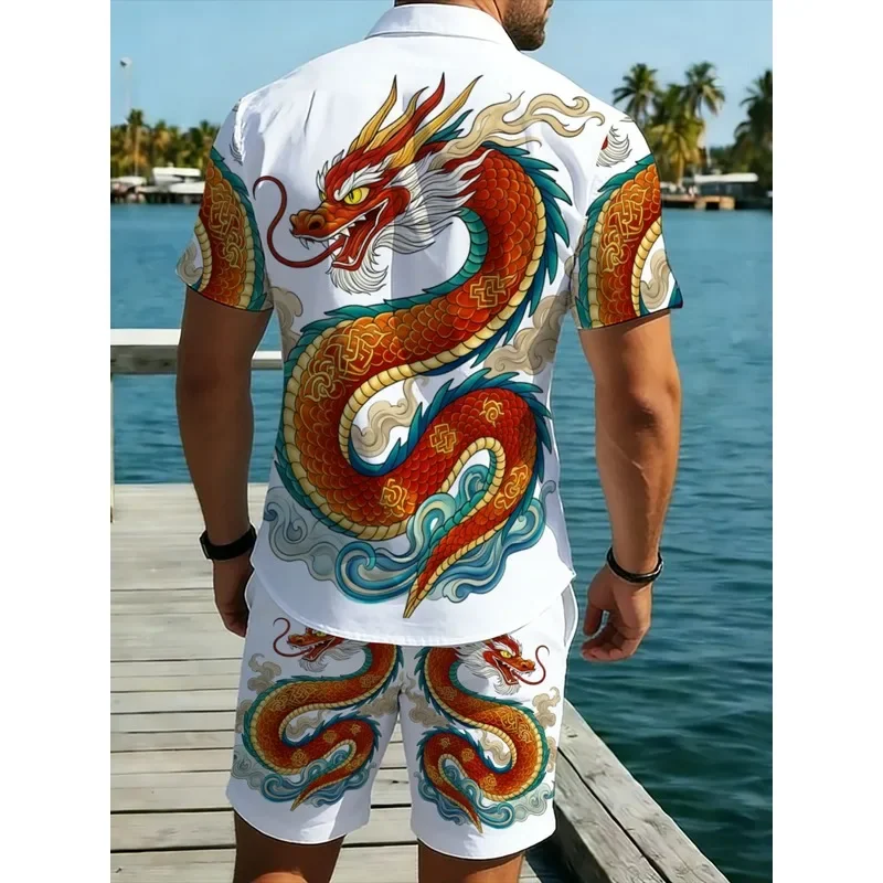 Summer Men's 2 Piece Dragon Pattern Shirt Shorts Set White Breathable Casual Wear For Beach Holiday Outdoor Sports Daily Fashion