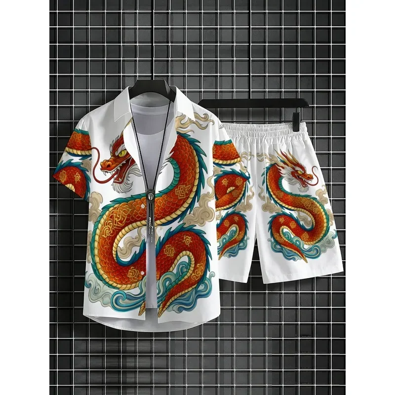 Summer Men's 2 Piece Dragon Pattern Shirt Shorts Set White Breathable Casual Wear For Beach Holiday Outdoor Sports Daily Fashion